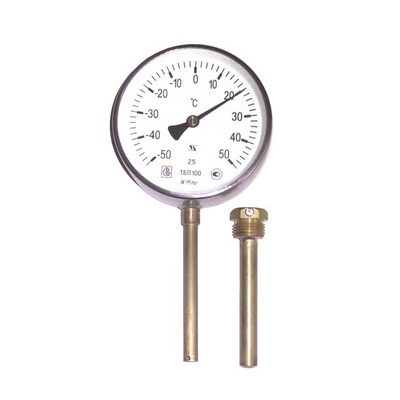 Термометр биметаллический коррозионностойкий радиальный ТБП100 -50…+50/ -30…+50/ -20…+60; 0...60 / 100 / 120 / 160 / 200 / 250 / 300С, L штуцера 50/ 100/ 160 мм, гильза нж.сталь в комплекте